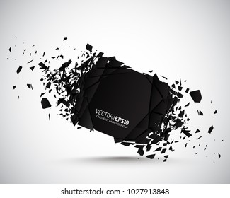 Round banner with explosion effect and many black particles. Vector geometric background for covers.