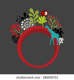 Round banner with flowers and giraffe. Vector illuctration.
