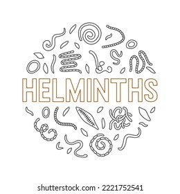 Round Banner with Fluke, Tapeworm, Nematode, Ascariasis outline signs. Vector Helminths concept circular illustration