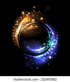 Round banner with glowing warm yellow stars and cold blue stars.
