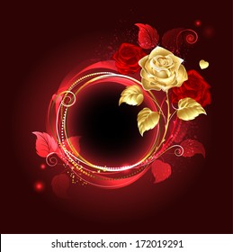 Round Banner With Gold And Red Rose On Red Background.