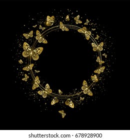 round banner with golden butterflies on a black background