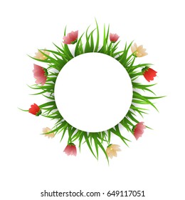 Round banner with grass and  red  flowers. Vector illustration