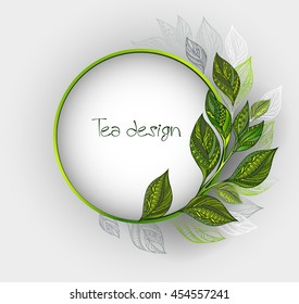 Round banner with green frame, decorated with patterned, green and gray leaves of tea on gray background.