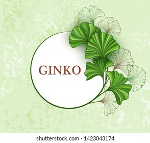 Round banner with green, stylized and brown contour leaves of Ginkgo biloba on textured, paper background.