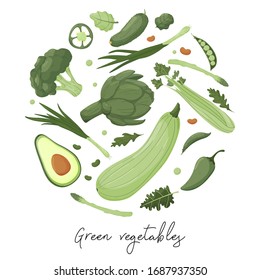 Round banner with green vegetables on a white background. Hand drawing vector template