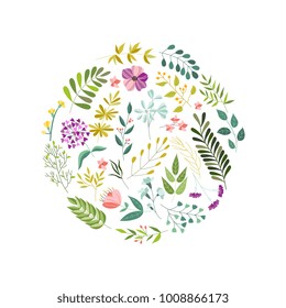 Round banner, greeting card, eco logo decoration element with flowers, leaves and herbs, vector illustration isolated in white background. Doodle flowers, leaves and herbs, round decoration element