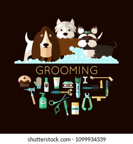 Round banner with grooming dogs ( basset hound, yorkshire terrier, 
West Highland White Terrier) and tools  with the inscription. Vector modern poster in flat style 
on a black background. 