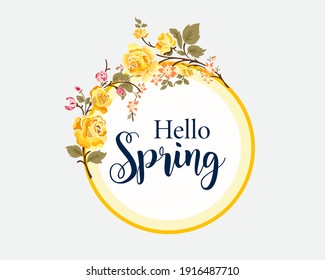 Banner redondo con el logo de Hello Spring. Tarjeta para la temporada de primavera con marco blanco y hierba. Oferta de promoción con plantas primaverales, hojas y flores.Cartel de bienvenida vectorial para la temporada primavera.
