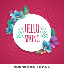 Round banner with the  Hello Spring logo.  Card for spring season with white frame and herb. Promotion offer with spring plants, leaves and flowers decoration on pink background.  Vector