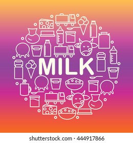 Round banner with icons of milk and dairy products on a colored background. Vector illustration.