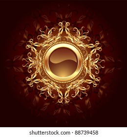 round banner jewelry gold framed symmetrical pattern on a dark brown background.