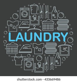  Round banner with laundry icons. Icons laundry placed inside a circle on a dark background. Vector illustration.