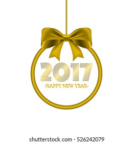 Round banner with lettering 2017 Happy new year and golden bow. Vector Christmas decoration.
