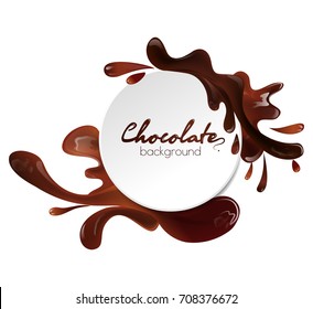 Round banner with liquid milk chocolate splashes isolated on white background, vector illustration