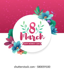 Round banner with the logo  for the International Women's Day on pink background. Flyer for March 8 with the decor of flowers. Invitations with frame of spring plants, leaves and flowers. Vector.