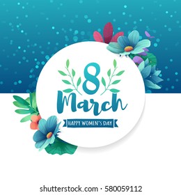 Round banner with the logo  for the International Women's Day on pink background. Flyer for March 8 with the decor of flowers. Invitations with frame of spring plants, leaves and flowers. Vector.