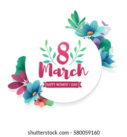 Round banner with the logo  for the International Women's Day. Flyer for March 8 with the decor of flowers. Invitations with frame of spring plants, leaves and flowers. Vector