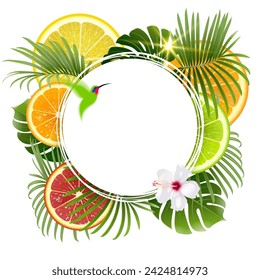 round banner on a background of tropical plants and fruits on a white background