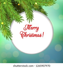 Round banner on a blue background with an inscription Merry Christmas. Branches of a New Year's tree in the lights