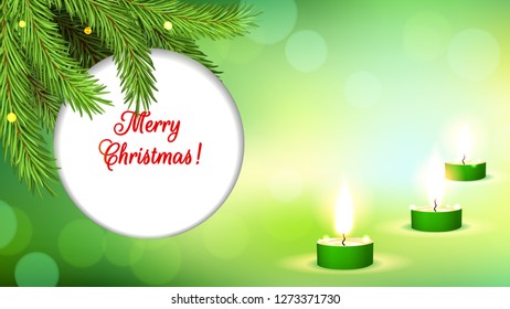 Round banner on a green background with an inscription Merry Christmas. Branches of a New Year's tree in the lights and burning candles. Wide screen