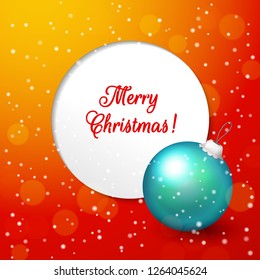 Round banner on a red background with an inscription Merry Christmas and blue ball