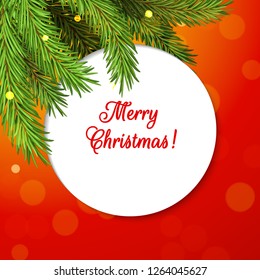 Round banner on a red background with an inscription Merry Christmas. Branches of a New Year's tree in the lights