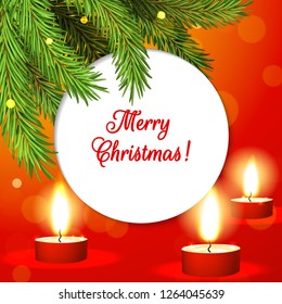 Round banner on a red background with an inscription Merry Christmas. Branches of a New Year's tree in the lights and candles