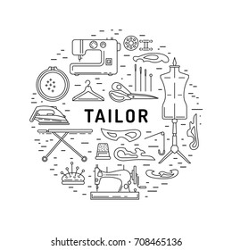 Round banner on the theme of tailoring consisting of icons of equipment tailor. Vector illustration isolated on white background outline