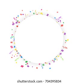 Round banner on a white background with colored confetti and ribbons. Vector illustration.