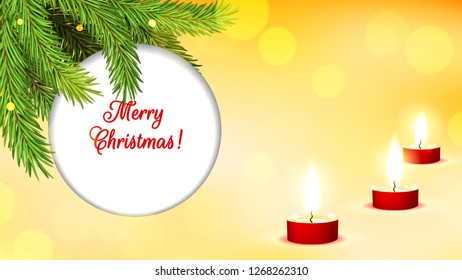 Round banner on a yellow background with an inscription Merry Christmas. Branches of a New Year's tree in the lights and burning red candles. Wide screen