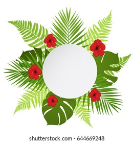 Round banner with palm, fern and hibiscus. Vector illustration.