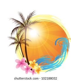 Round banner with palms and ocean's wave and water splash