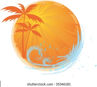 Round banner with palms and ocean's wave and water splash