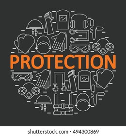 Round banner with personal equipment. Protection the health and the body. Vector illustration.