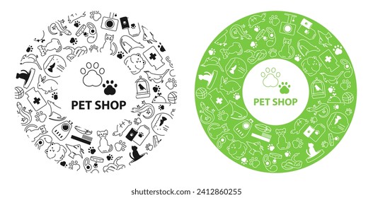 Round banner of a pet store with flat pictograms. Logo products for animals. Symbols and icons in circular ornaments.