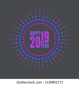 Round banner with rays. happy new year 2019.