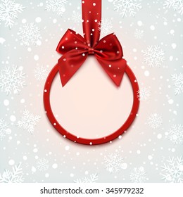 Round banner with red ribbon and bow, on winter background with snow and snowflakes. Christmas tree decoration. Greeting card template. Vector illustration.