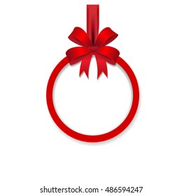 Round banner with red ribbon and bow, for decoration. Greeting card template.