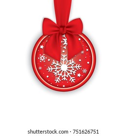 Round banner with red ribbon and bow, isolated on white background. Christmas tree decoration. Greeting card template.
