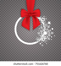 Round banner with red ribbon and bow, isolated on white background. Christmas tree decoration. Greeting card template.
