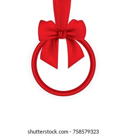 Round banner with red ribbon and bow, isolated on white background. Christmas tree decoration. Greeting card template.
