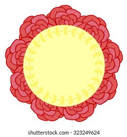 Round banner with red roses to create of advertising, greetings or invitations.