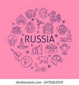 Round banner with Russian national symbols in line style. Vector illustration.