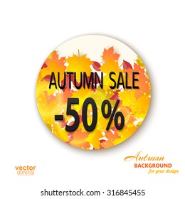 Round banner with SALE and leaves. Vector illustration