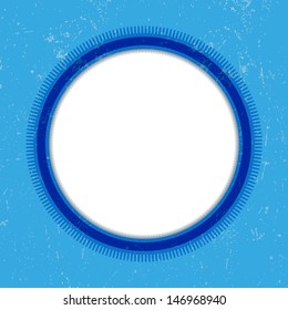 Round banner with small beams on grunge blue background 