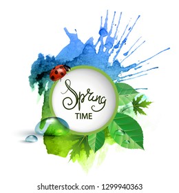 Round banner with the Spring logo. Card for spring season with frame and herb. Promotion offer with plants, leaves and flowers decoration. Vector