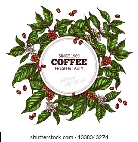 Round banner template with branches of coffee tree with flowers, leafes, berries and beans. Vector colorful hand drawn design with sketch vintage engraving botanical and floral illustration