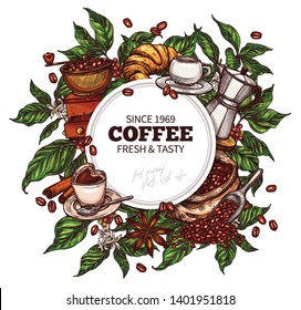 Round banner template with branches of coffee tree with flowers, leafes, berries and beans. Vector hand drawn design with sketch vintage engraving botanical and floral illustration