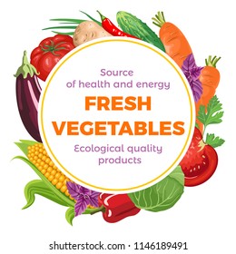 Round banner with various vegetables and herbs on white background. Vector illustration of fresh vegetables in flat style. Corn, tomato, cabbage, basil, cucumber, potatoes, eggplant, carrot, basil